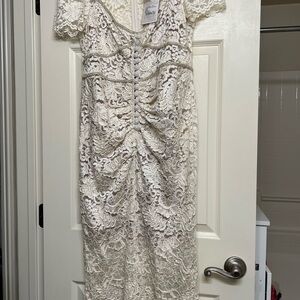 Self-Portrait Cream Lace Midi Dress with Button-Front Detail